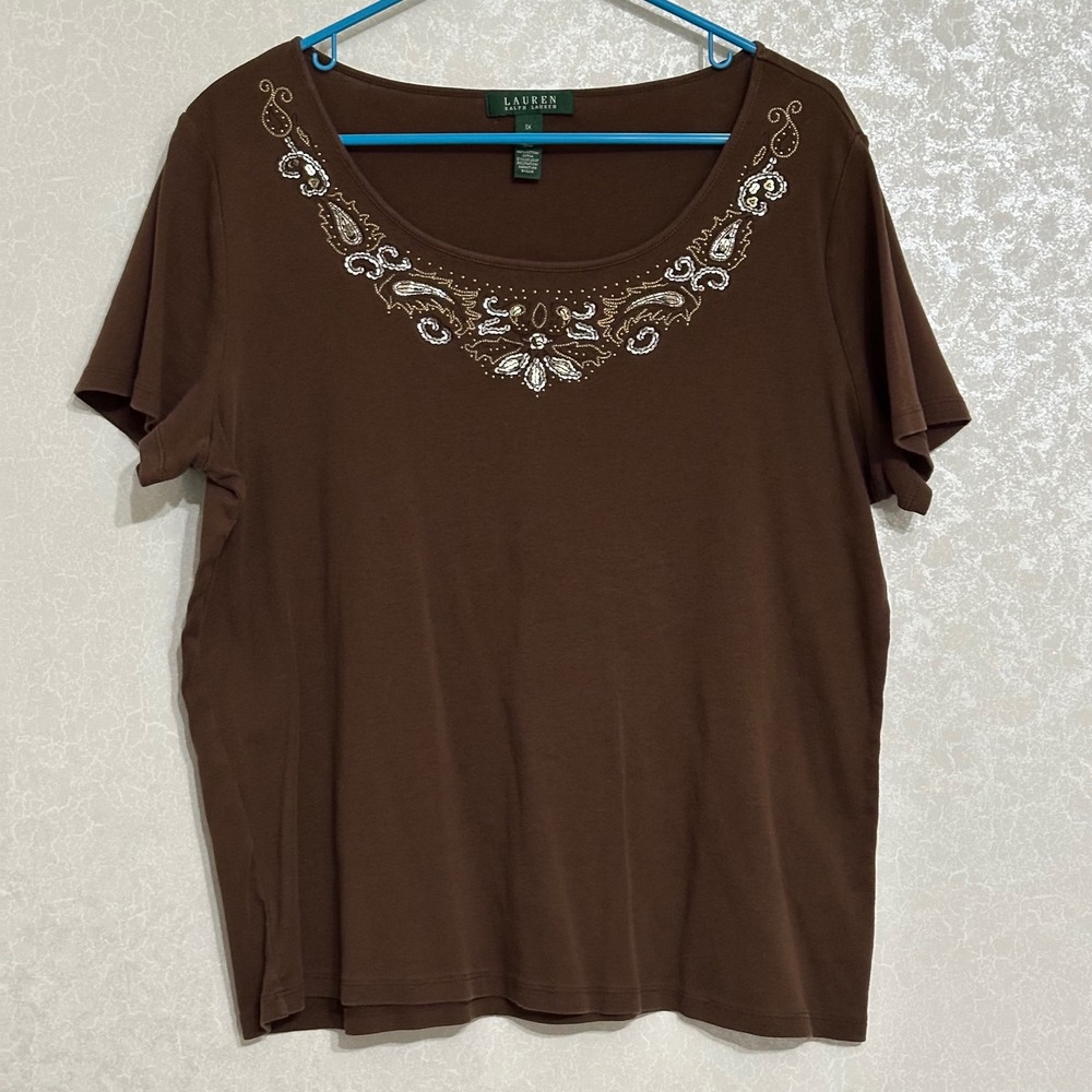 Lauren Ralph Lauren LRL Brown Embroidered Sequin Neckline Short Sleeve Shirt 1X